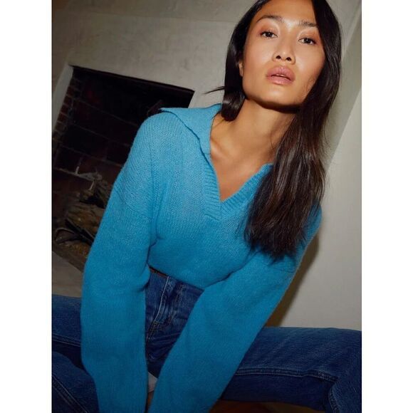 Revolve x Nation LTD Georgie Polo Sweater Cropped Alpaca Wool Size L Blue - Picture 8 of 10